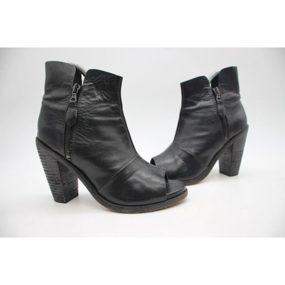 Rag & Bone Noelle Women's EU 38 Black Leather Ankle Boot Peep Toe Stacked Heels